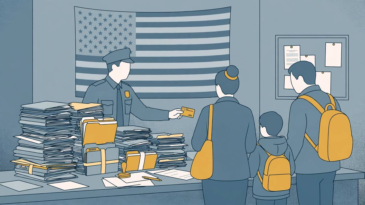 Editorial illustration of a US immigration office counter with tall stacks of case files, an officer handing a card to a family seen from behind, and a US flag on the wall