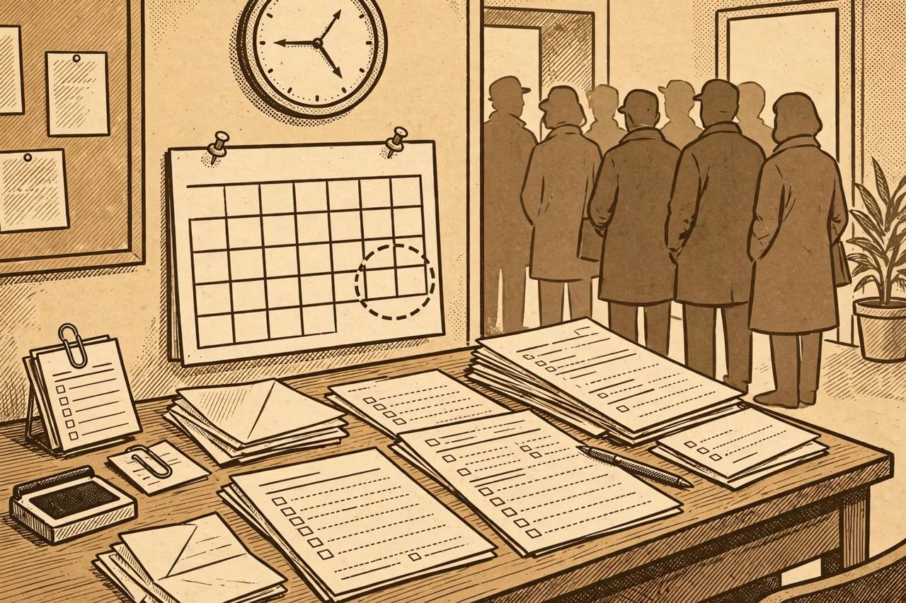 Editorial illustration of immigration forms, a calendar and a clock