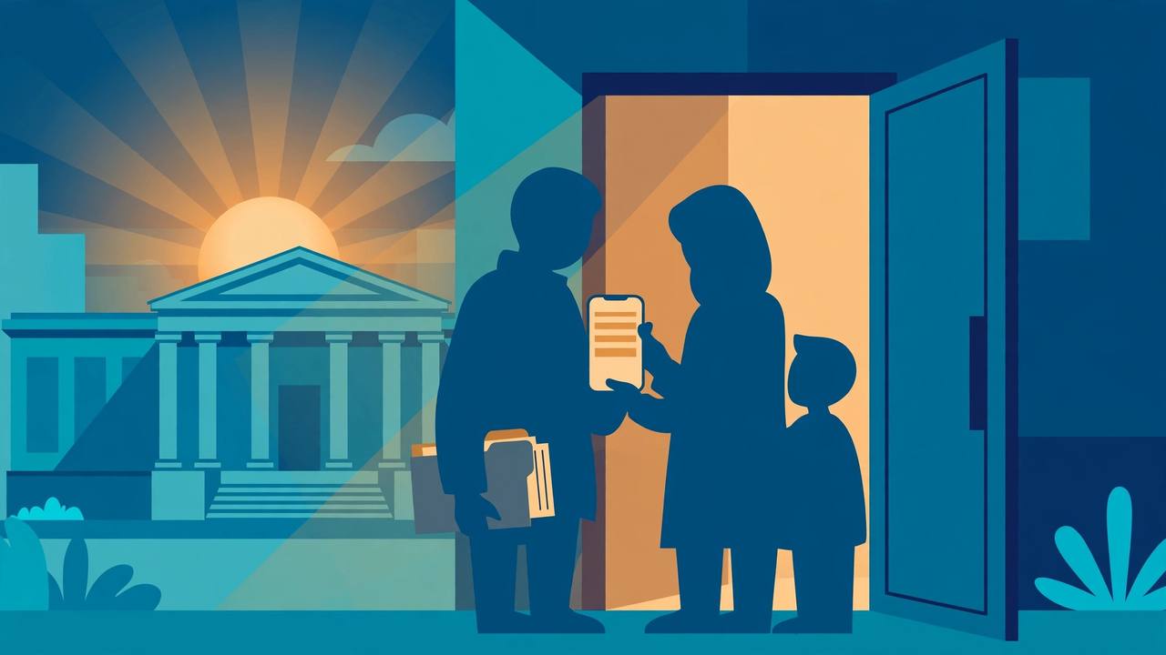 Editorial illustration of generic silhouetted family figures holding a smartphone and a folder of documents at an open office doorway, with a courthouse and sunrise in the background, flat style, no real person or place depicted, no text