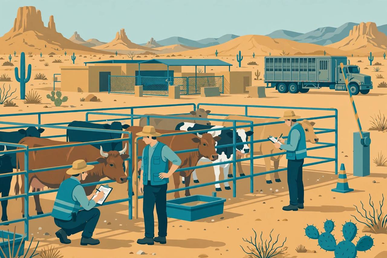 Editorial illustration: cattle in holding pens being checked by generic inspectors at a desert Southwest border livestock port, a livestock truck behind, no real person's likeness
