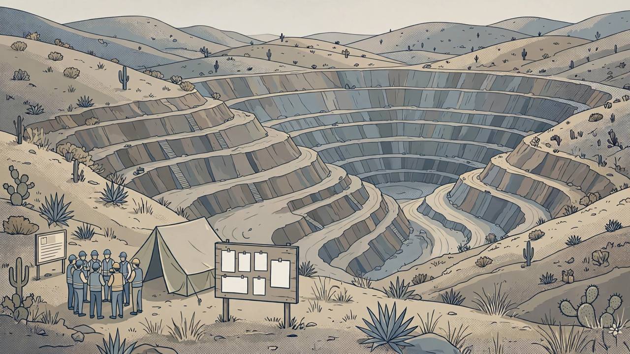 Editorial illustration of a terraced open-pit mine in dry hills with generic worker figures in hard hats by a notice board and tent, flat style, no real person depicted