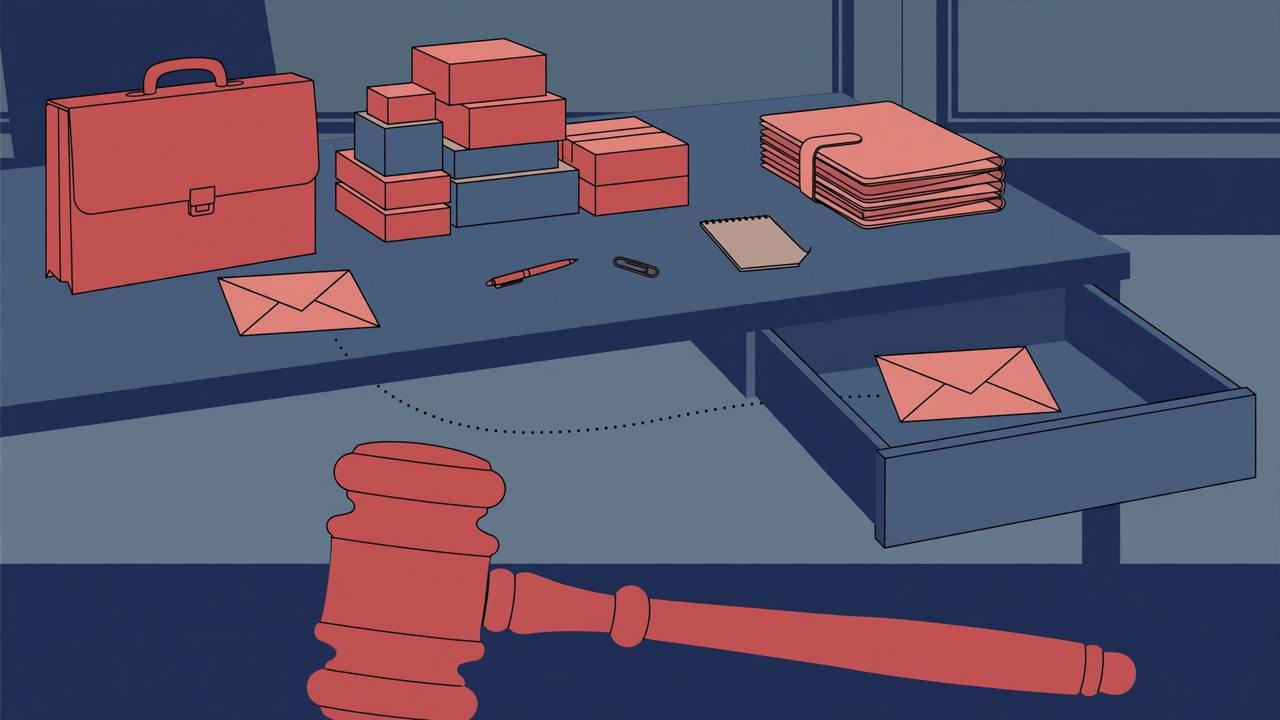 Editorial illustration of a procurement desk with packaging boxes, contract folders, a briefcase, an envelope hidden in an open drawer, and a judge's gavel in the foreground