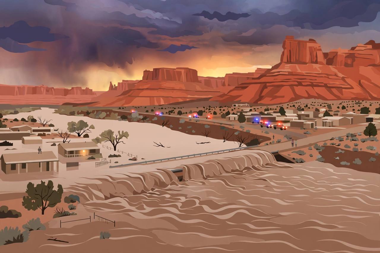 Editorial illustration of the San Juan River in flood past a small desert town near sandstone bluffs in southeastern Utah