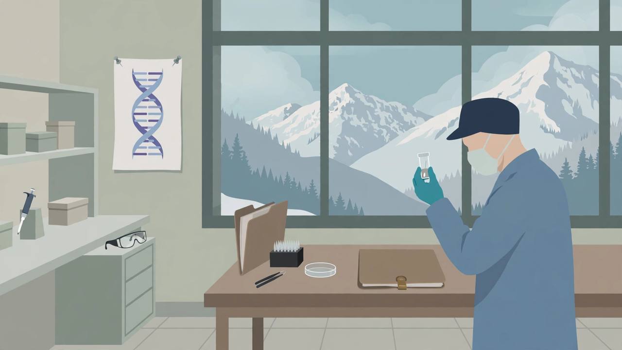 Editorial illustration of a forensic DNA laboratory in Utah, with a scientist holding a sealed evidence vial beside a 1974 cold-case file and snow-capped mountains through a window