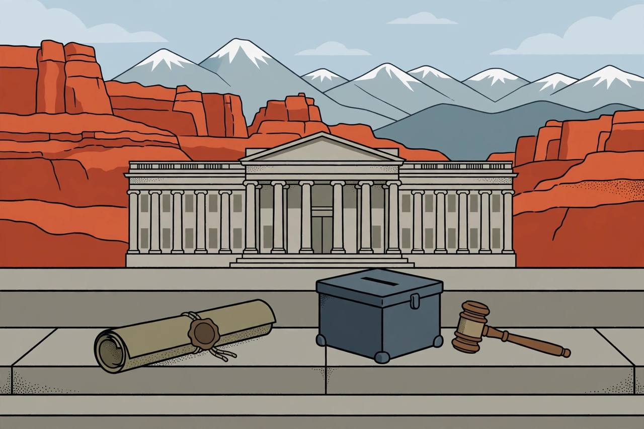 Editorial illustration of a federal courthouse in Utah with red sandstone cliffs and snow-capped mountains, a sealed voter roll, a ballot box and a gavel on the steps