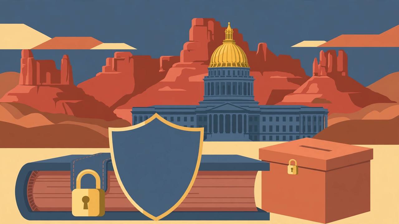 Editorial illustration of a golden-domed state capitol before red rock mountains, with a padlocked voter ledger, a protective shield and a locked ballot box in front