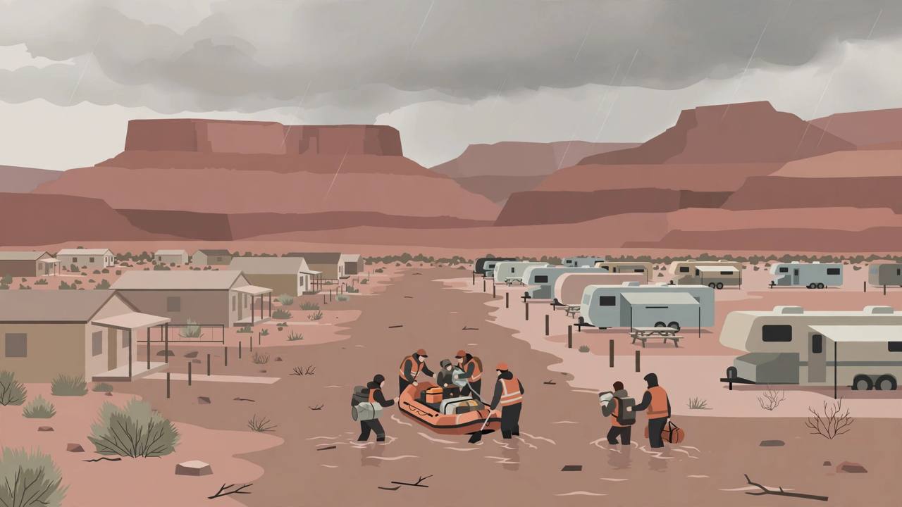 Editorial illustration of a flooded desert town street in southwestern Utah with red-rock cliffs, houses and recreational vehicles surrounded by muddy water, and rescue workers helping residents evacuate