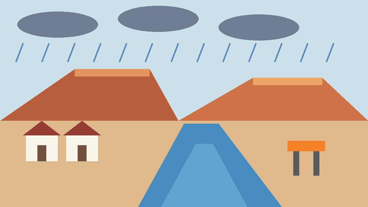 Editorial illustration of red desert mesas in southern Utah with a flooded wash, houses on high ground and rain clouds, no people depicted
