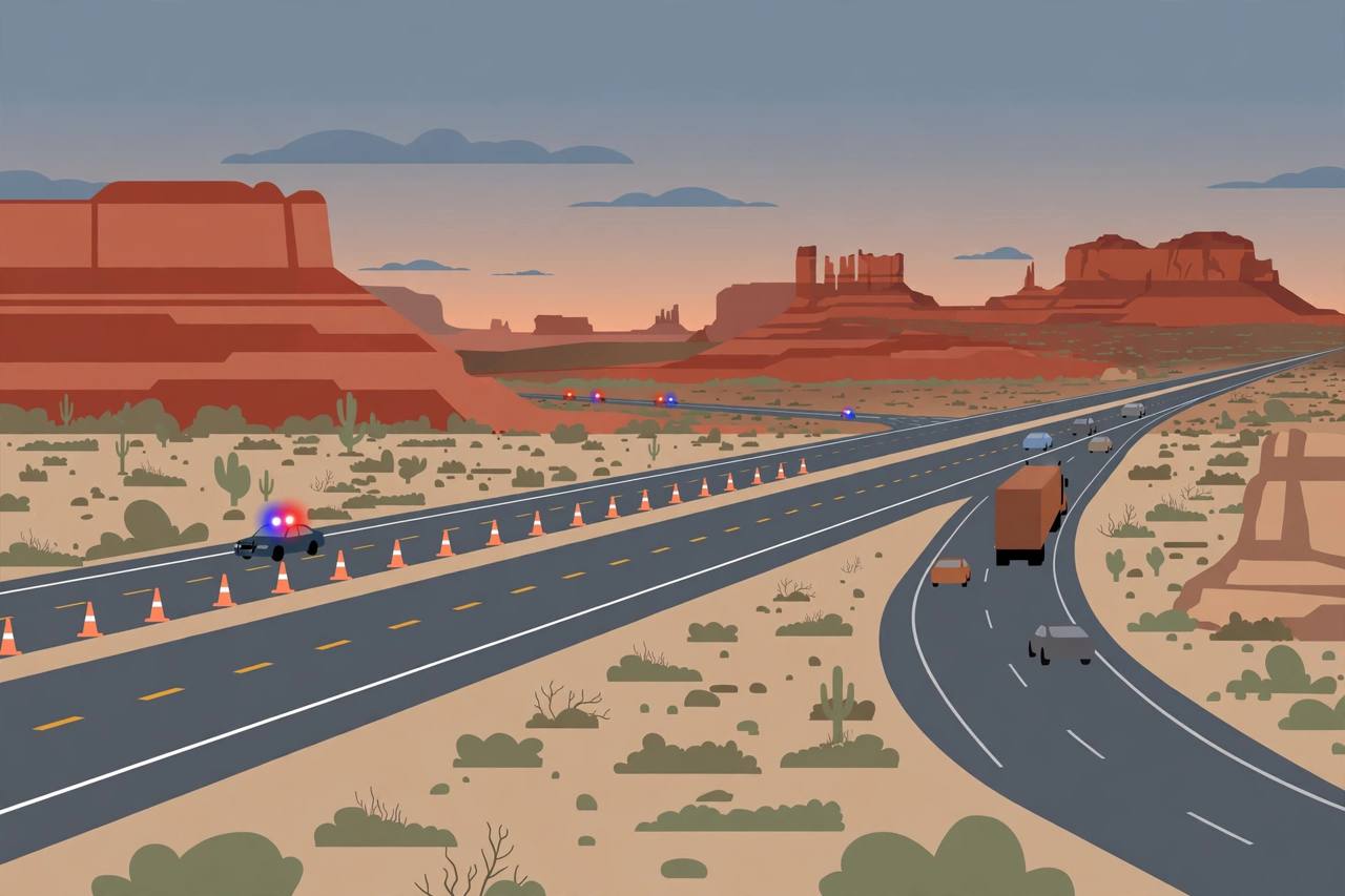 Editorial illustration of Interstate 15 in southern Utah at dusk, with one side closed by cones and traffic diverted onto an exit ramp; the crash itself is not depicted