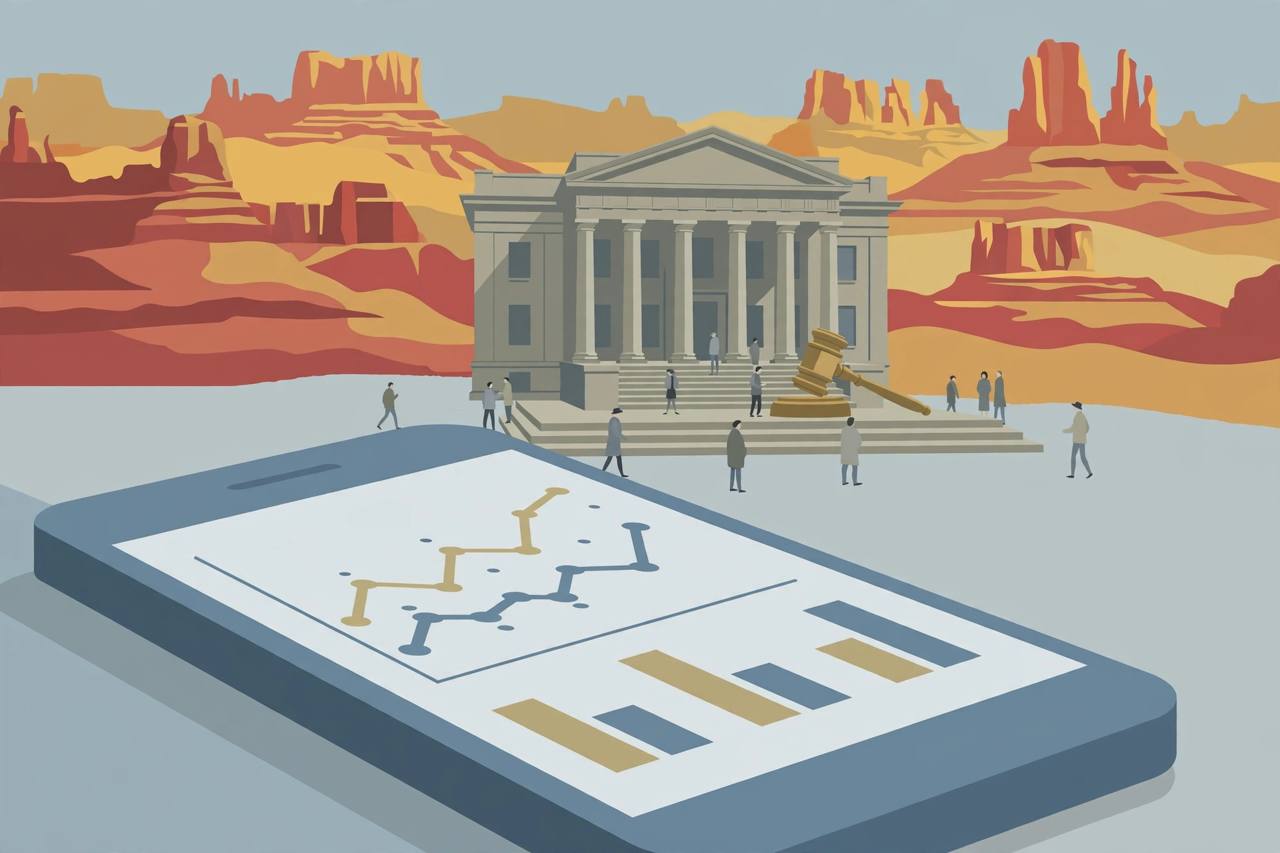 Editorial illustration of a smartphone showing a generic prediction chart in front of a Utah courthouse with a gavel and red desert mountains behind