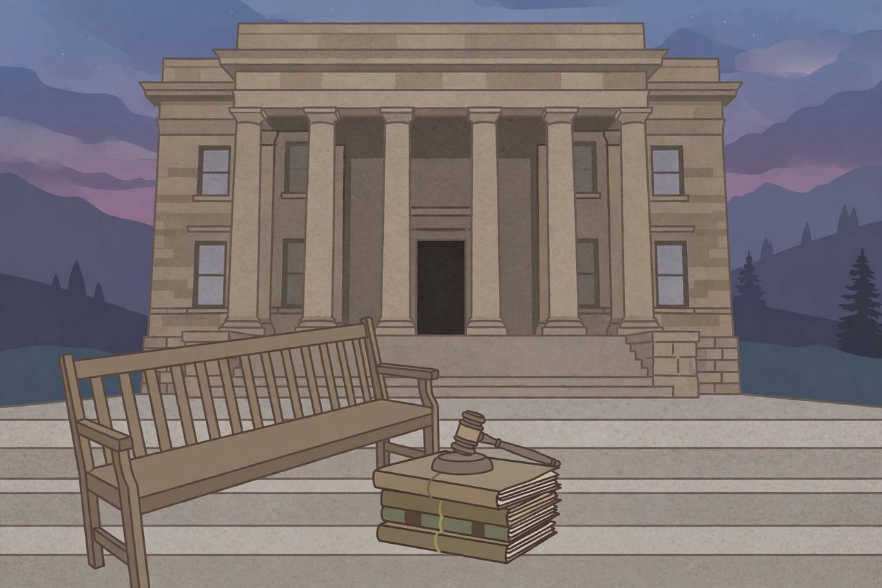 Editorial illustration of a generic Utah courthouse at dusk with stone columns, a judge's gavel resting beside thick case files, no people and no faces
