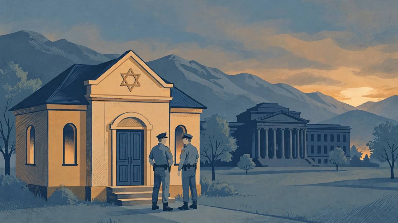 Editorial illustration of a small synagogue with a Star of David in Ogden, Utah at dusk, with two generic police officers standing guard and a courthouse and mountains behind