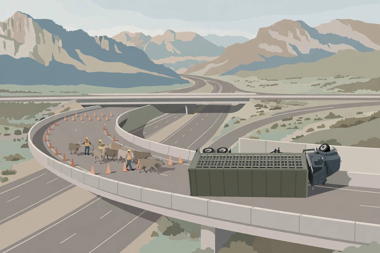 Editorial illustration of a livestock semi-truck tipped against a concrete barrier wall on a curved interstate interchange ramp in Utah, with generic responders leading cattle away and mountains behind