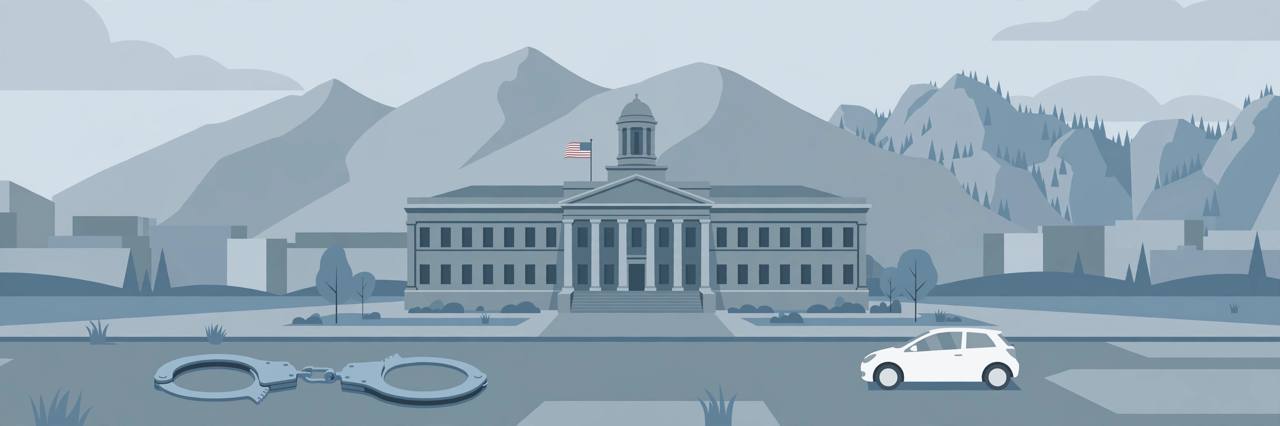 Editorial illustration of a generic federal courthouse in Salt Lake City with mountains behind, a pair of handcuffs and a small white car in the foreground, flat style, no text and no real person's face