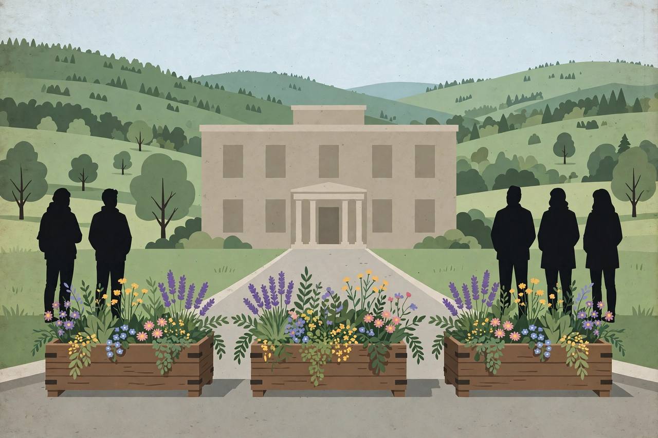 Editorial illustration of flower planter boxes blocking a road in front of a plain federal office building in Vermont with green hills behind, flat style, no real people, no text