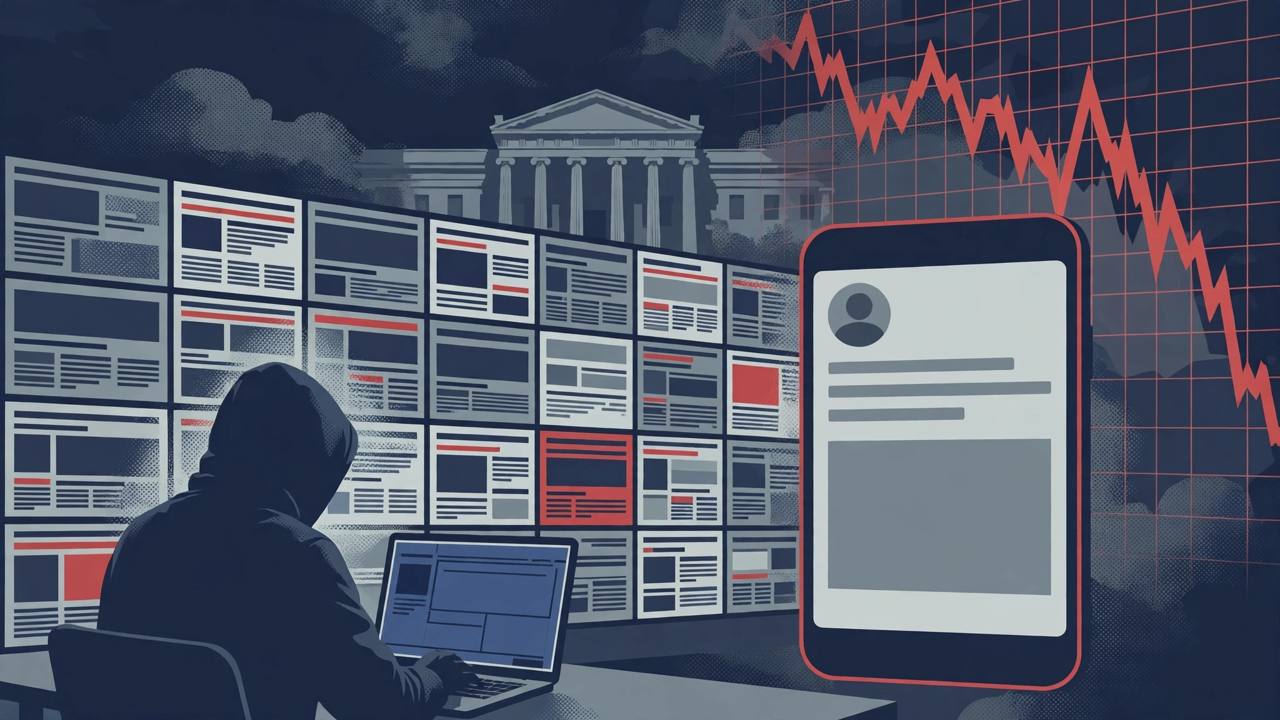 Editorial illustration of a generic hooded figure at a laptop before glowing news screens, a phone with a blank social post, a plunging red stock chart and a courthouse