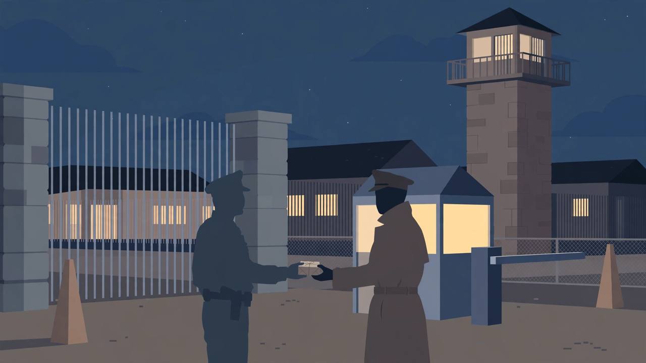 Editorial illustration of a detention centre entrance at night, with a watchtower, barred gate and two generic uniformed silhouettes exchanging a small wrapped package at a security checkpoint