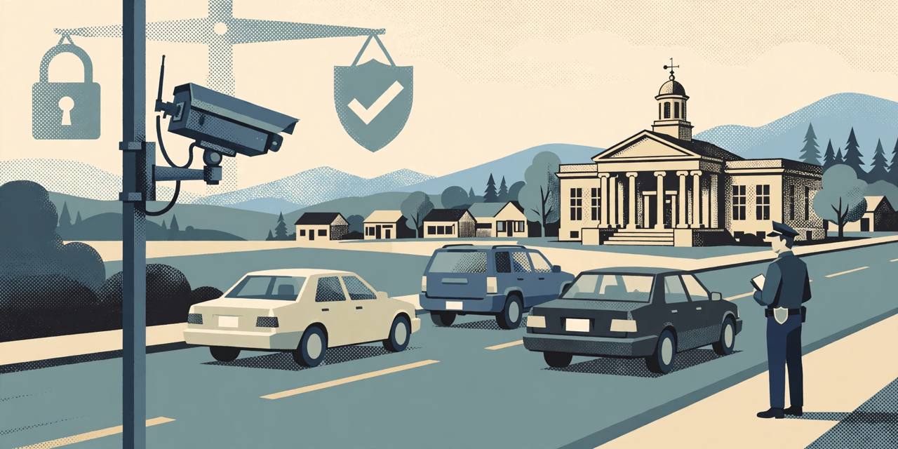 Editorial illustration of a pole-mounted license plate reader camera over a small-town Virginia road with generic cars with blank plates and a town hall, flat style, no real person, no text