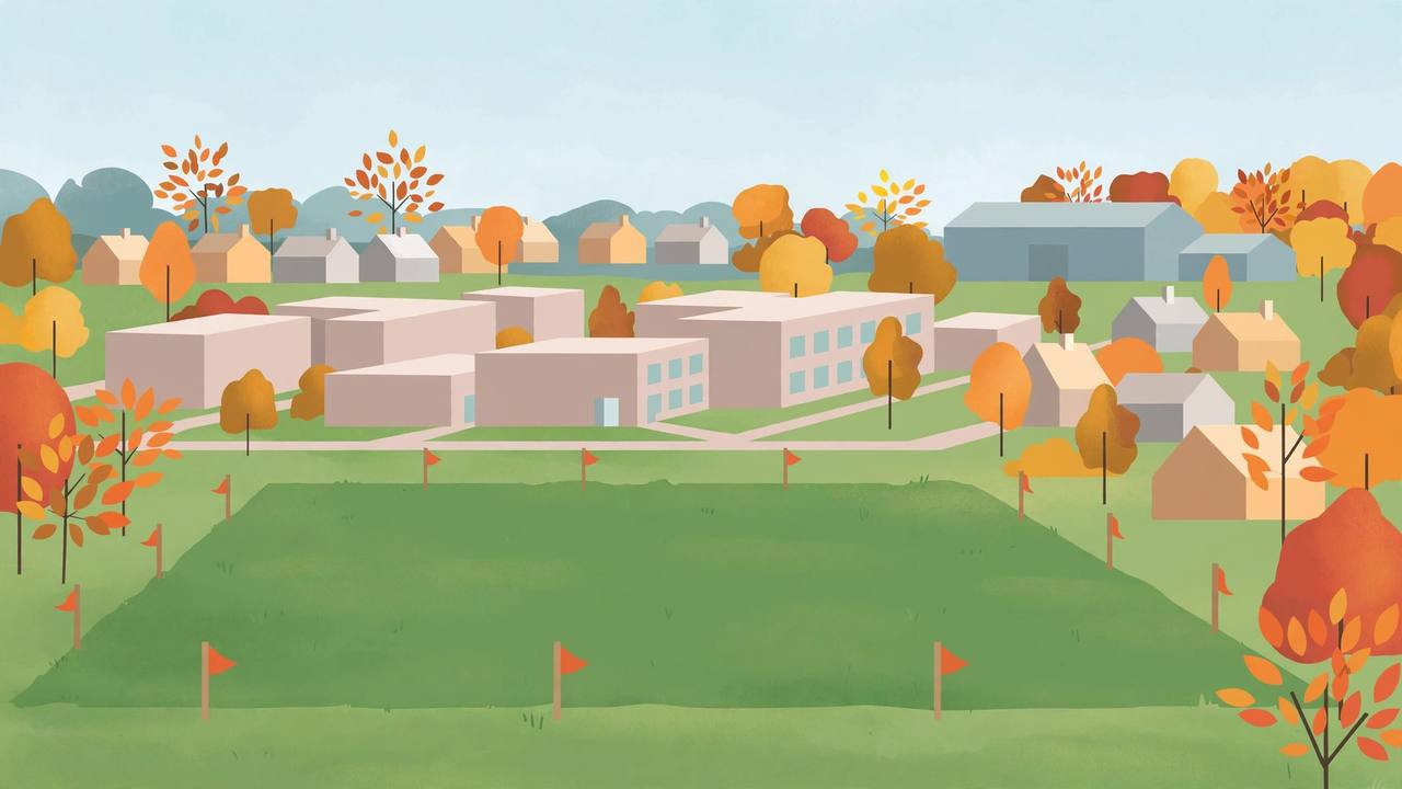 Editorial illustration of a university campus in Ashburn, Virginia, with a large green parcel of land staked out in front and houses and autumn trees behind