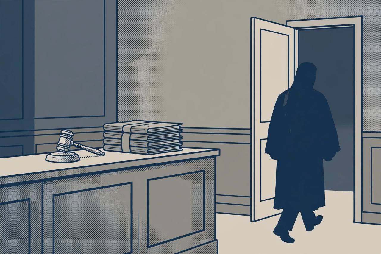 Editorial illustration of an empty immigration courtroom bench with a gavel and case folders as a generic robed figure walks out a door, flat style, no real person shown