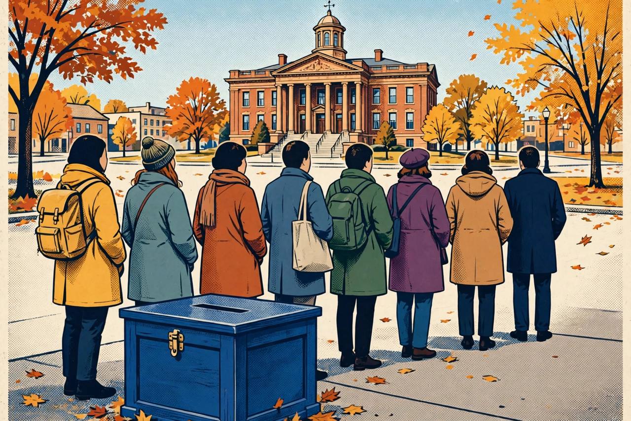 Editorial illustration of voters at a polling place with a ballot box