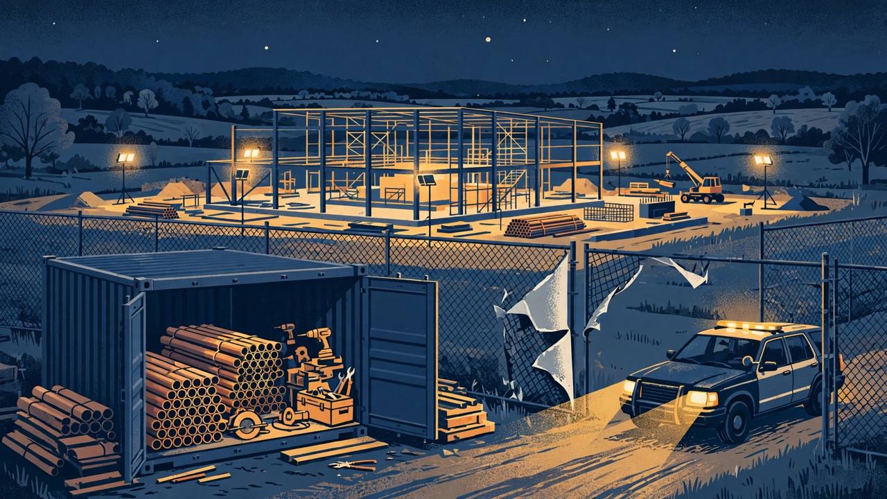 Editorial illustration of a data centre construction site at night with a cut chain-link fence, copper piping and a sheriff's patrol vehicle