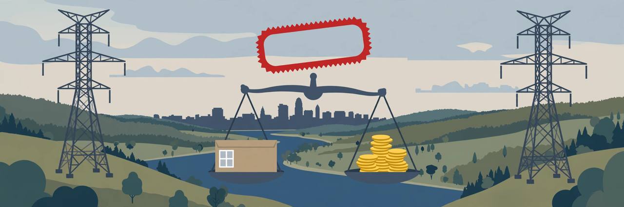 Editorial illustration of two transmission towers across a Virginia river valley with a balance scale weighing a house against gold coins under a blank red rejection stamp