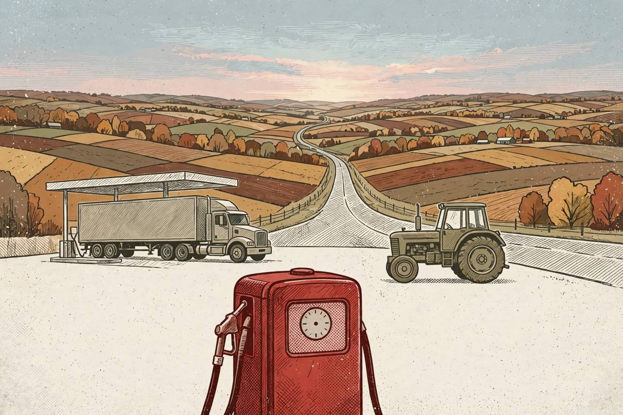 Editorial illustration of a generic semi-truck and farm tractor at a rural highway fuel stop with a dyed diesel pump, flat style, no people faces, no text, no real place depicted