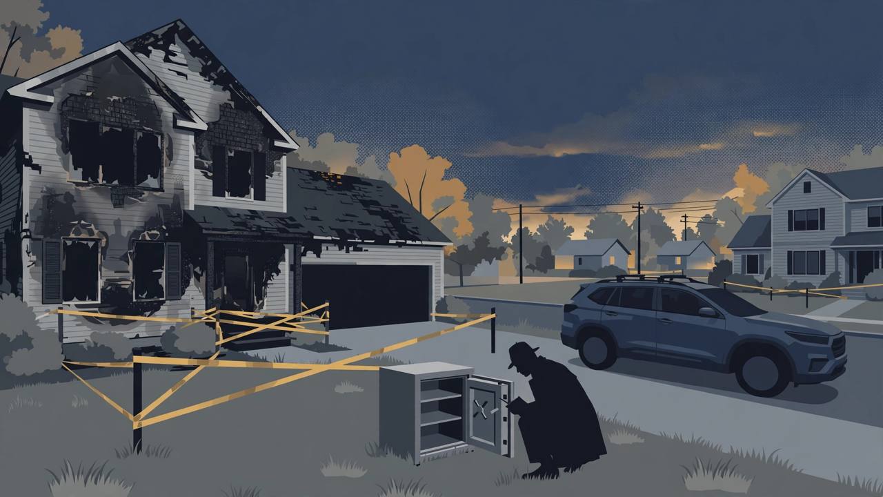 Editorial illustration of a fire-damaged suburban Virginia house taped off at dusk, with a detective figure examining an empty gun safe on the lawn