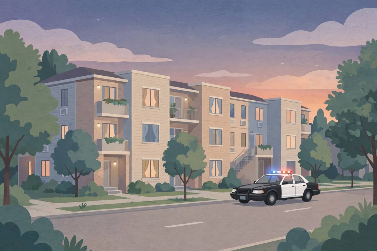 Editorial illustration of a generic suburban apartment complex in Fairfax County, Virginia at dusk with a patrol car outside, flat style, no real person or incident depicted
