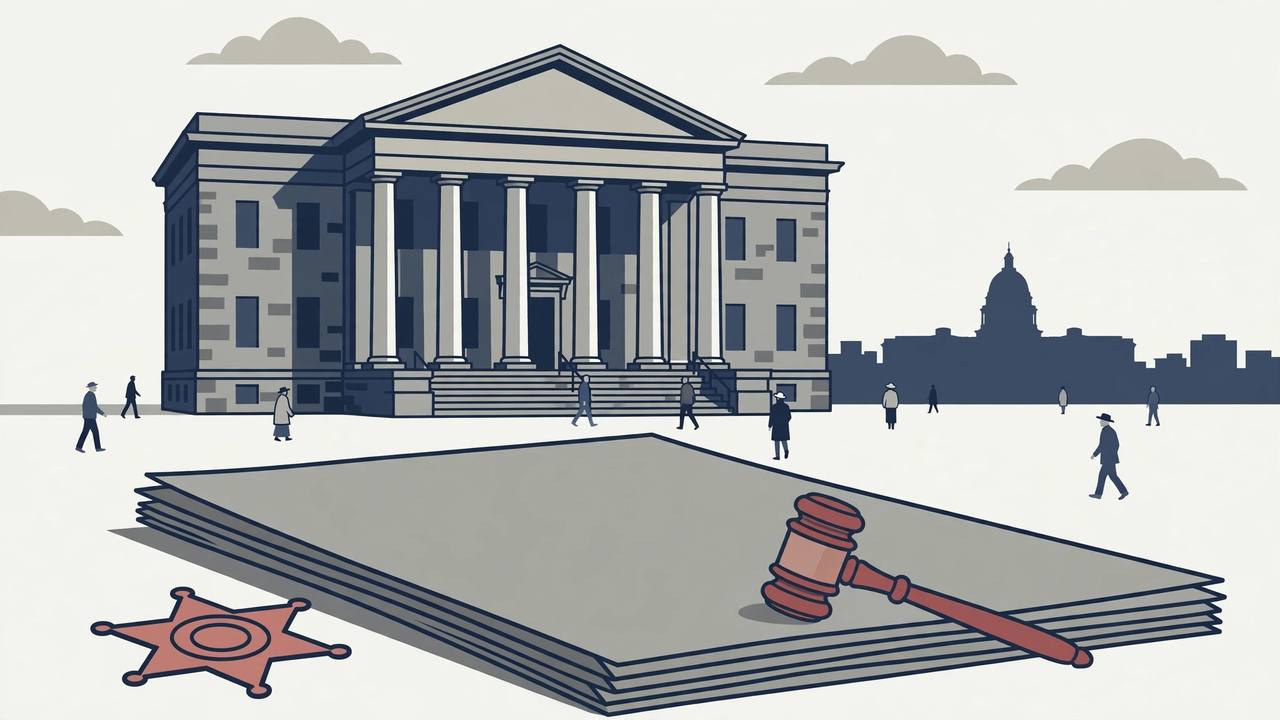 Editorial illustration of a Virginia county courthouse with an official report and gavel