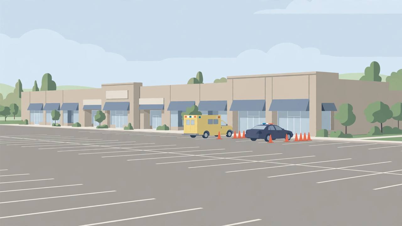 Editorial illustration of a generic shopping mall parking lot with an ambulance and a police car near the entrance and traffic cones, flat style, no people and no text