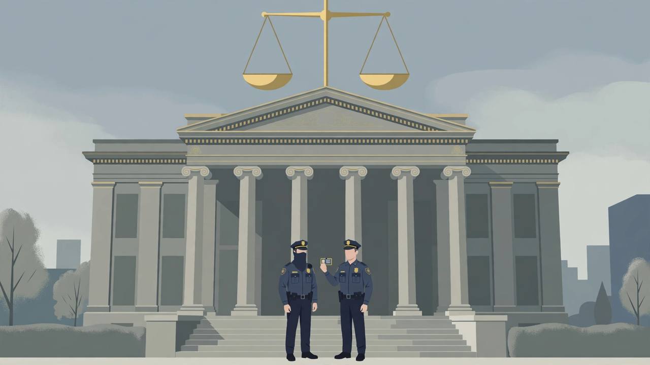Editorial illustration of a columned courthouse in Richmond with two generic law-enforcement officers, one masked and one showing identification, beneath balanced scales
