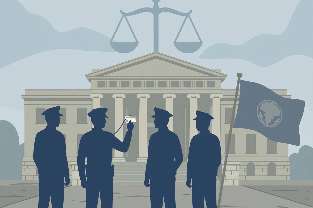 Editorial illustration of generic law enforcement officer silhouettes holding an identification badge in front of a courthouse with scales of justice