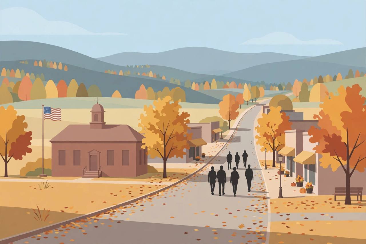 Editorial illustration of a small Virginia town's brick town hall with an American flag and autumn trees on a quiet main street