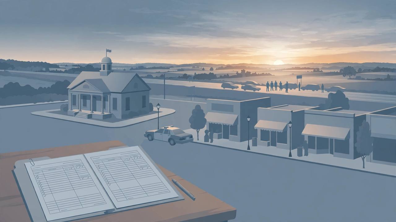 Editorial illustration of a small Virginia town at dawn with a town hall, a patrol car, a rural highway with stopped cars in the distance and an open folder of official timesheets in the foreground, flat style, no text, no real people