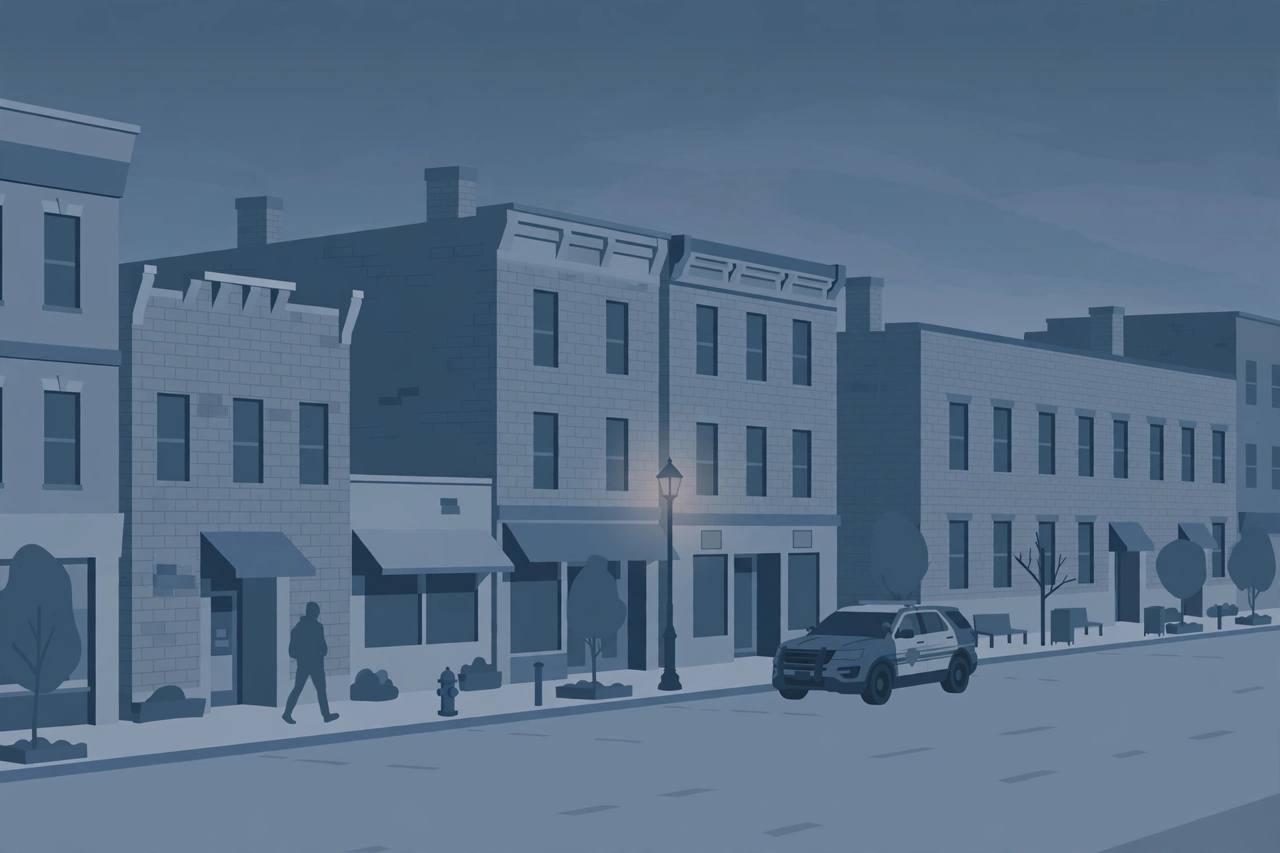 Editorial illustration of a quiet downtown street in Hampton, Virginia at dusk with a parked patrol car; generic silhouetted figures only, no real person is depicted and the shooting itself is not shown