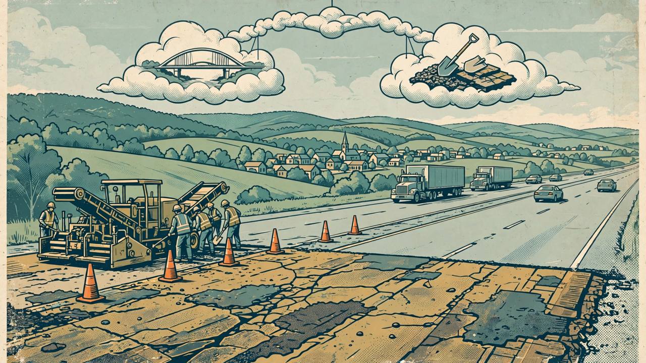 Editorial illustration of a worn Virginia highway with patched asphalt, a paving crew at work, semi trucks travelling past and green hills behind