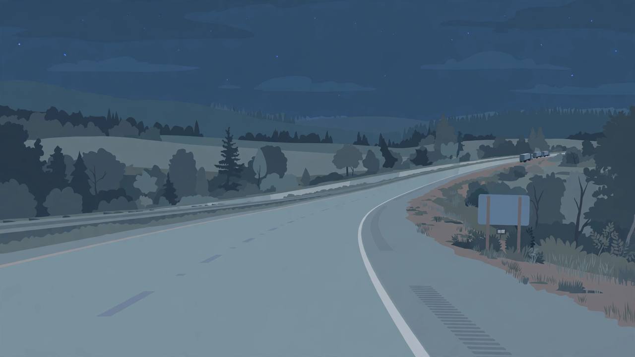 Editorial illustration of a sombre empty interstate highway at night in Virginia, flat style, no crash depicted, no real person