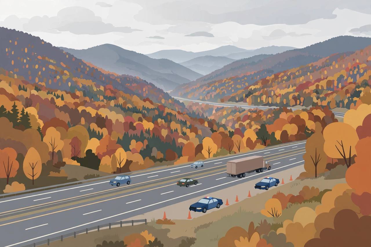 Editorial illustration of an interstate highway through Virginia's Blue Ridge mountains in autumn with a semi truck, cars and state police patrol cars on the shoulder, flat style, no real person depicted