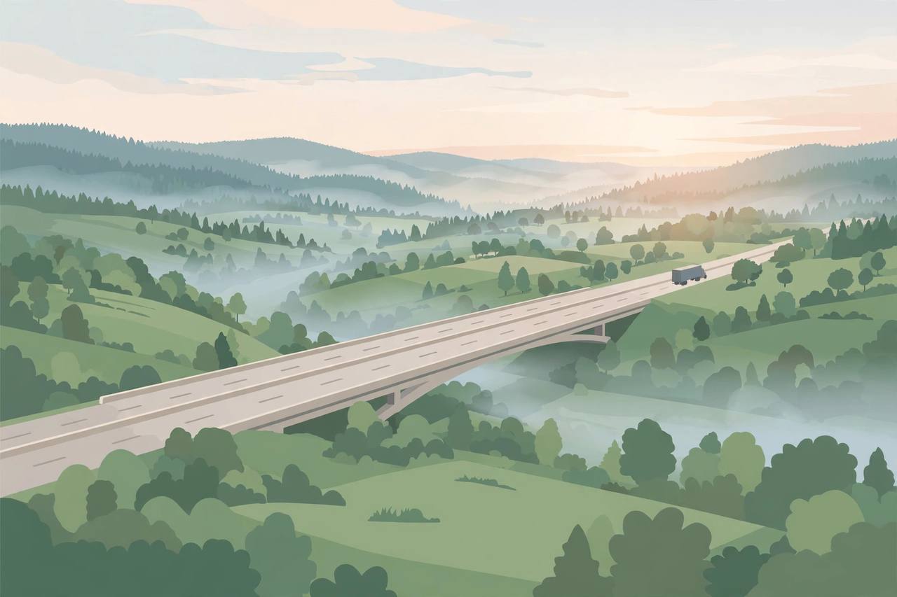 Editorial illustration of a generic interstate highway bridge crossing a green Virginia valley at dawn with a plain semi-truck in the distance, flat style, no crash depicted, no people, no text