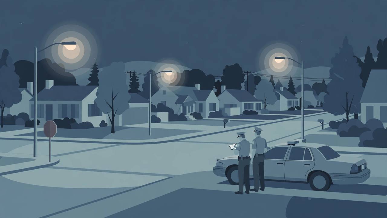 Editorial illustration of a quiet suburban Virginia intersection at night with a stop sign and police officers beside a patrol car; generic figures only, no crash depicted, no real person's face