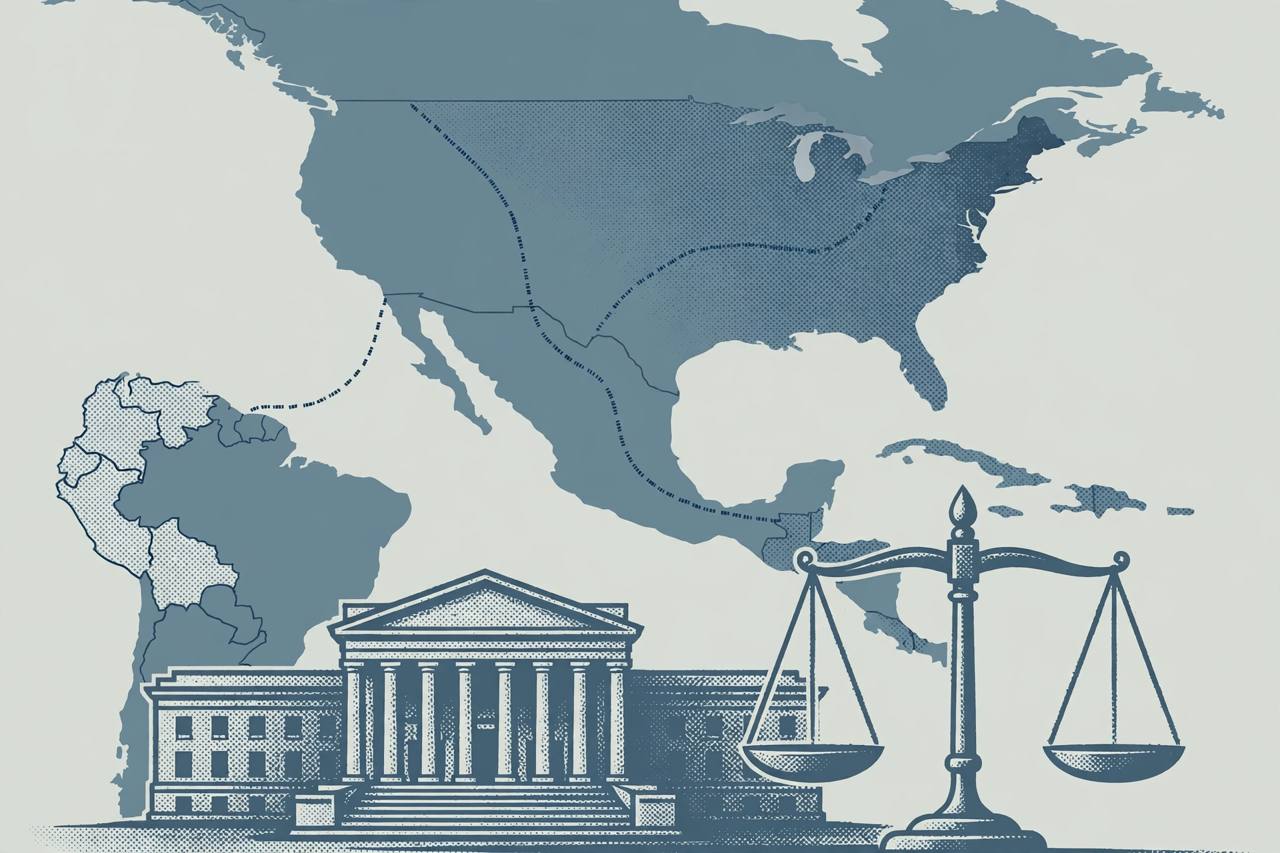 Editorial illustration of a stylised map of the Americas with a dotted route from Colombia through Guatemala and Mexico to the United States and a generic courthouse, flat style, no real person depicted