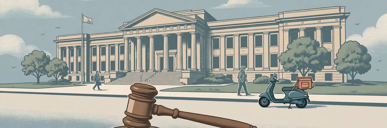 Editorial illustration of a Virginia courthouse, a generic delivery scooter and a gavel, flat style, no real person depicted, no violence shown