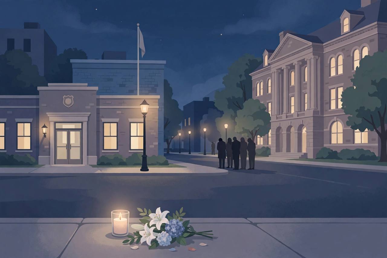 Editorial illustration of a quiet police station and university building in Norfolk, Virginia at night, with a candle and flowers on the sidewalk in respectful tribute — generic figures, no real person's face, no incident depicted
