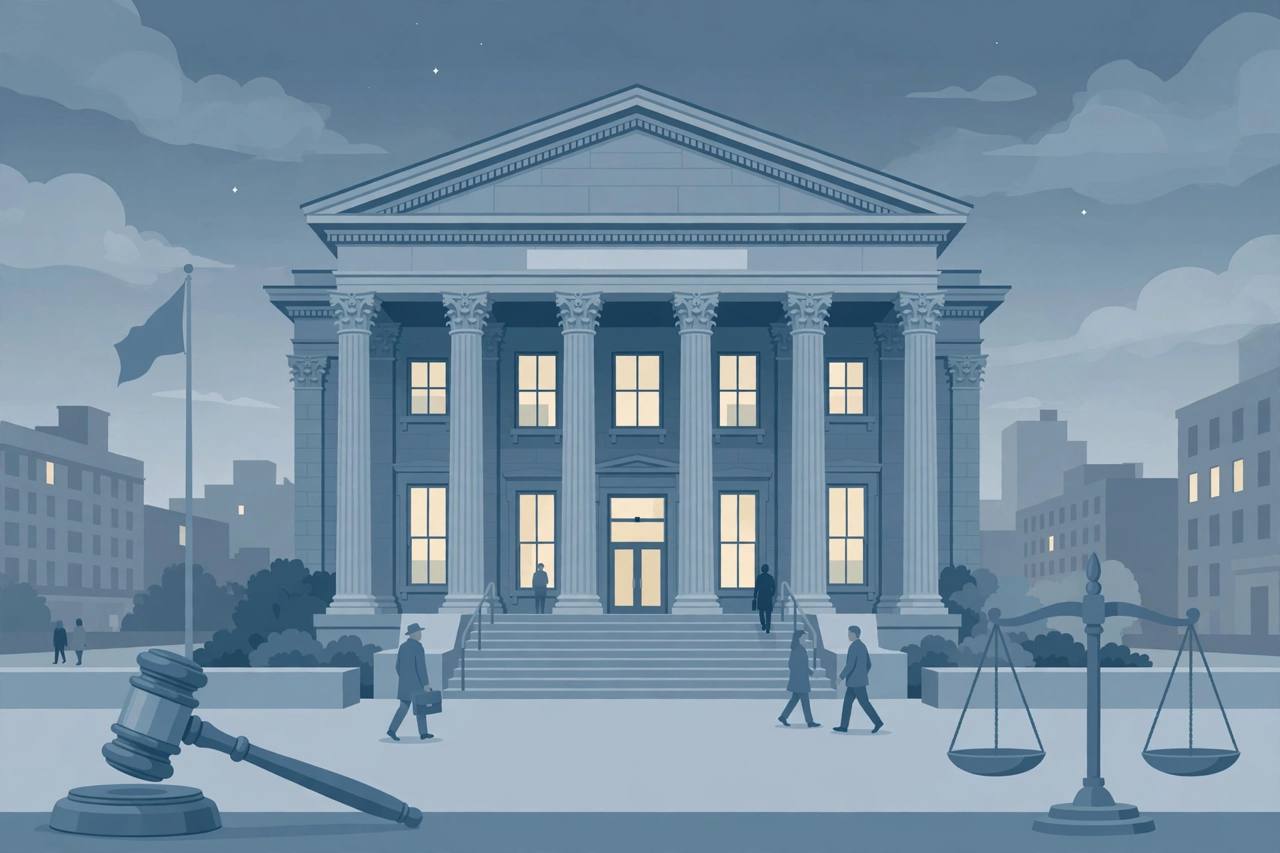 Editorial illustration of a federal courthouse in Norfolk, Virginia at dusk, with stone columns, a gavel and scales of justice in the foreground