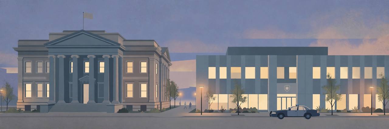 Editorial illustration of a Virginia courthouse and police headquarters at dusk with a single parked police car — generic distant figures only, no real person's face, no depiction of any shooting
