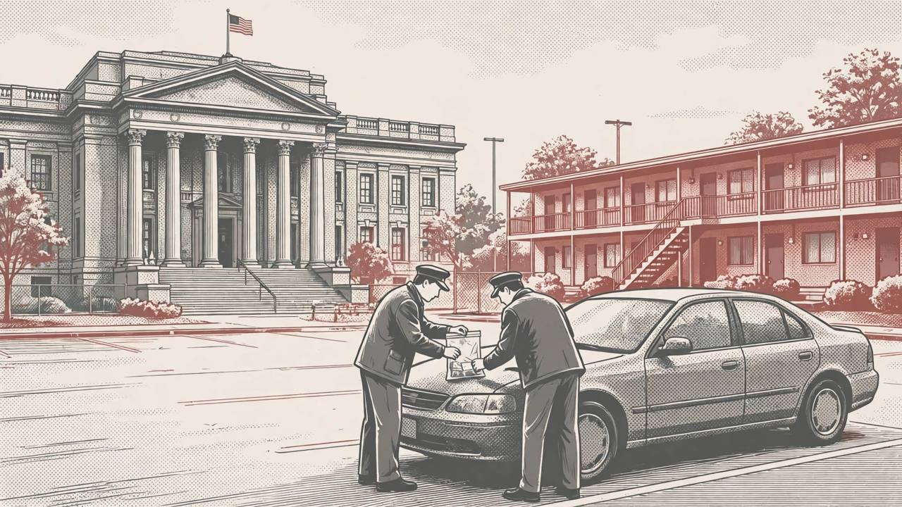 Editorial illustration of a Richmond Virginia federal courthouse with generic investigators examining a sealed evidence bag beside an unmarked car in a parking lot and a motel in the background
