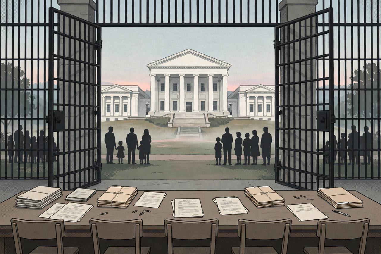 Editorial illustration of a parole board table covered with case files in front of open prison gates, silhouetted families waiting outside, and the Virginia State Capitol building in Richmond in the background