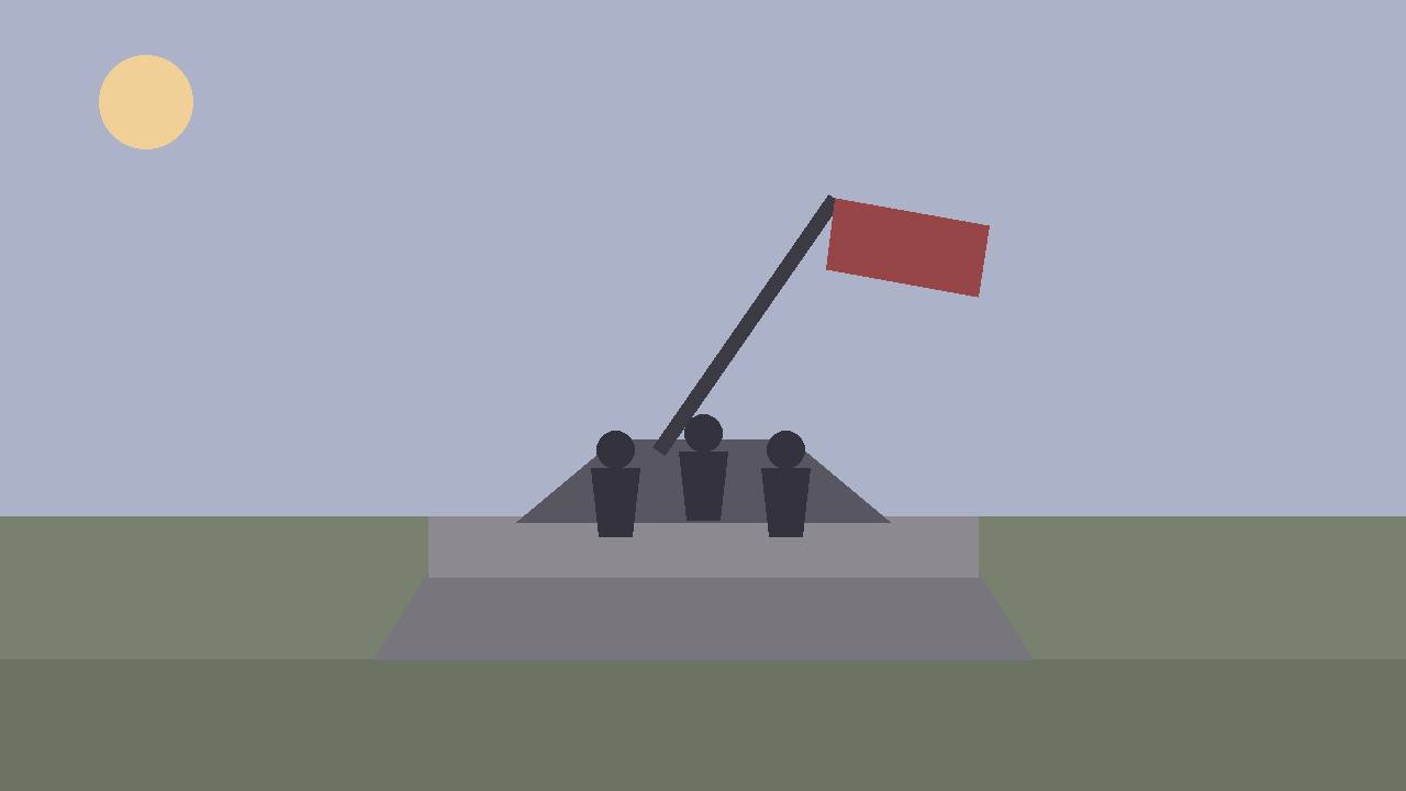 Editorial illustration of a generic war-memorial flag-raising silhouette on a plinth, flat style, no real person, face or exact statue depicted